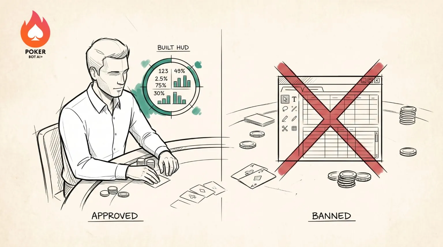 A poker player using a room’s built-in HUD marked ‘approved,’ next to a crossed-out third-party tracker marked ‘banned’—which poker sites allow HUDs in 2026