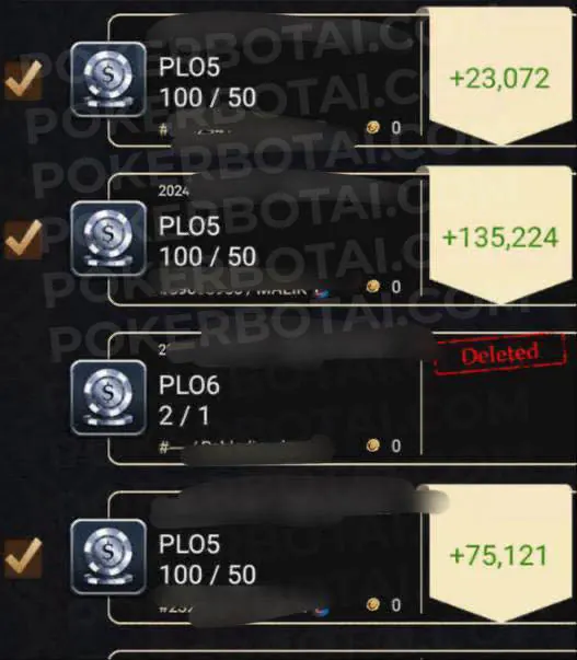 PokerBros session history showing three PLO5 100/50 sessions with profits of +23,072, +135,224, and +75,121