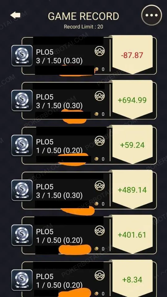 Bản ghi game Pokerrrr 2 hiển thị kết quả phiên PLO5 với variance tự nhiên: -87, +694, +59, +489, +401, +8 USD