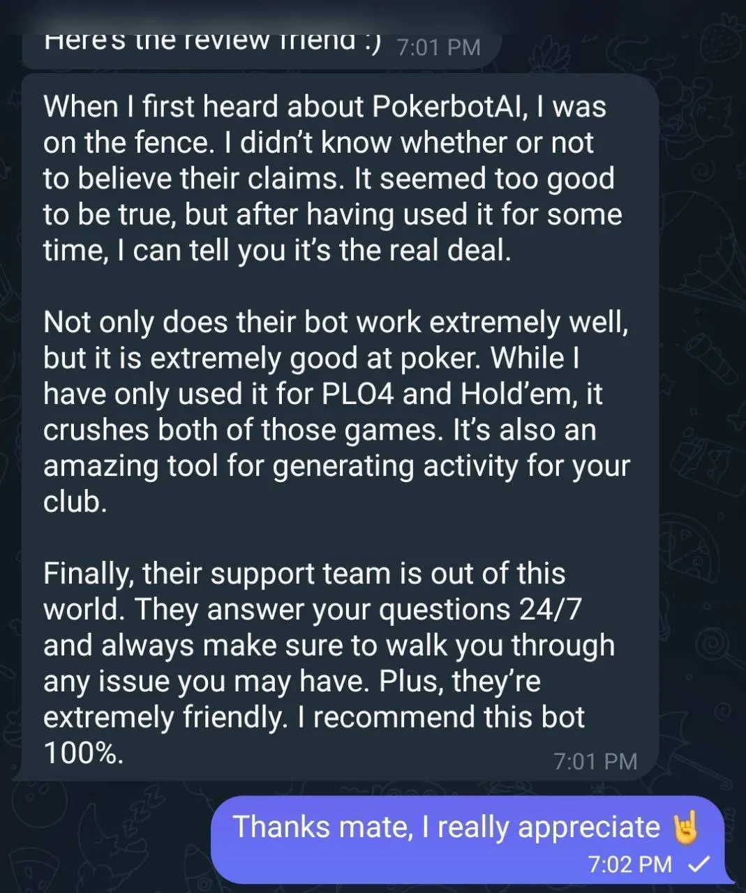 Client review of PokerBotAI: skeptical at first, then 'it's the real deal' — crushes PLO4 and Hold'em, 24/7 support