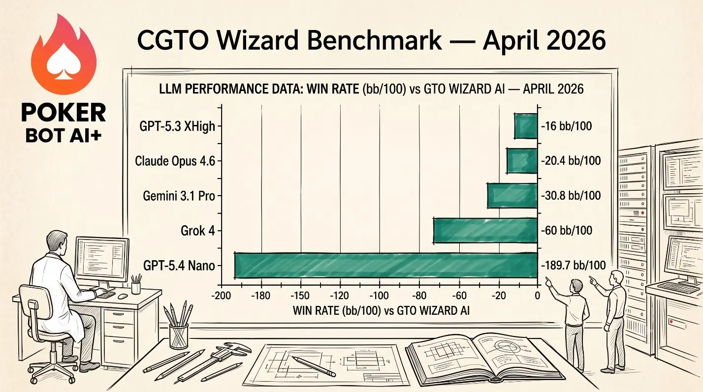 GTO Wizard Benchmark April 2026 — horizontal bar chart of LLM win rates in bb/100 vs GTO Wizard AI: GPT-5.3 XHigh -16, Claude Opus 4.6 -20.4, Gemini 3.1 Pro -30.8, Grok 4 -60, GPT-5.4 Nano -189.7