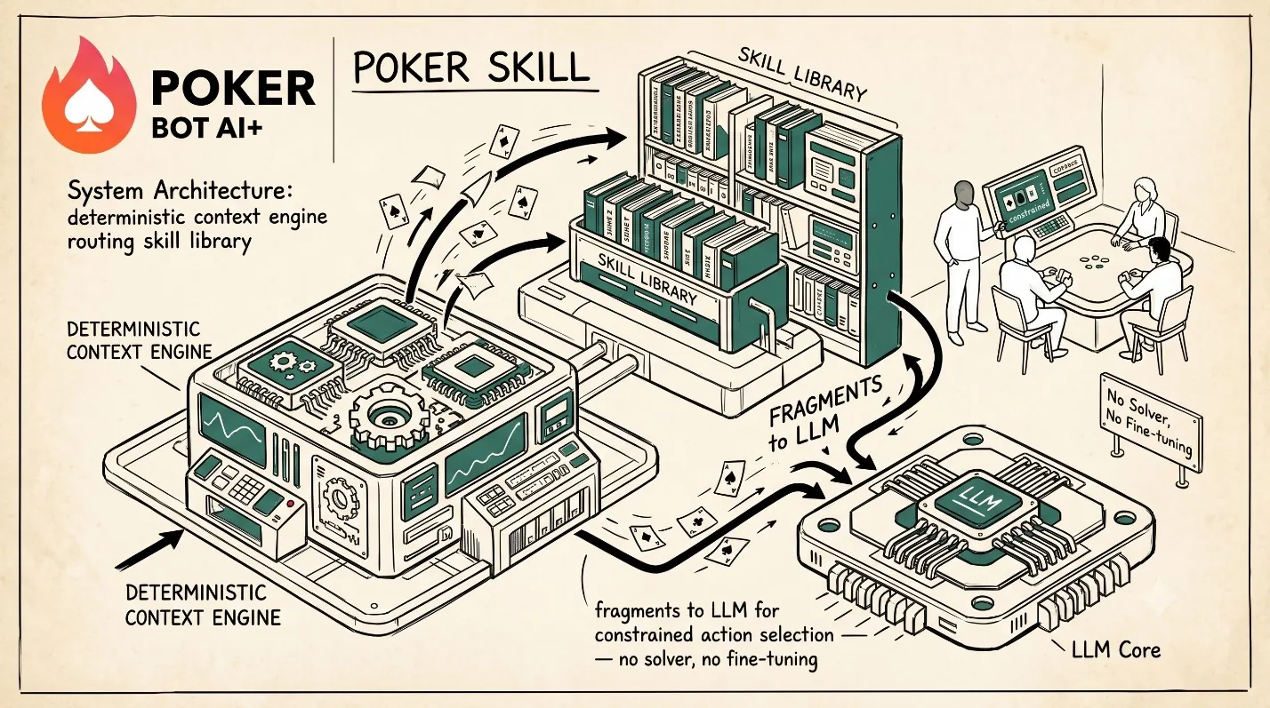 PokerSkill system architecture: deterministic context engine routing skill library fragments to an LLM for constrained action selection — no solver, no fine-tuning