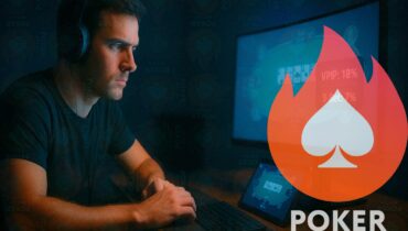 Poker player wearing headphones, focused on HUD stats VPIP and 3-Bet, cards blurred, cold light from the screen.