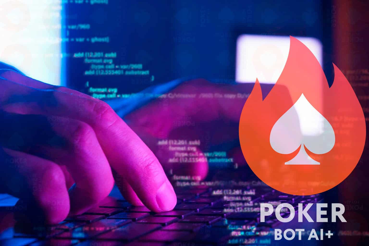 Close-up of hands typing on a keyboard with code on screen and the Poker Bot AI+ logo, reflecting the Stealth Tactics of Russian AI Poker Bots.