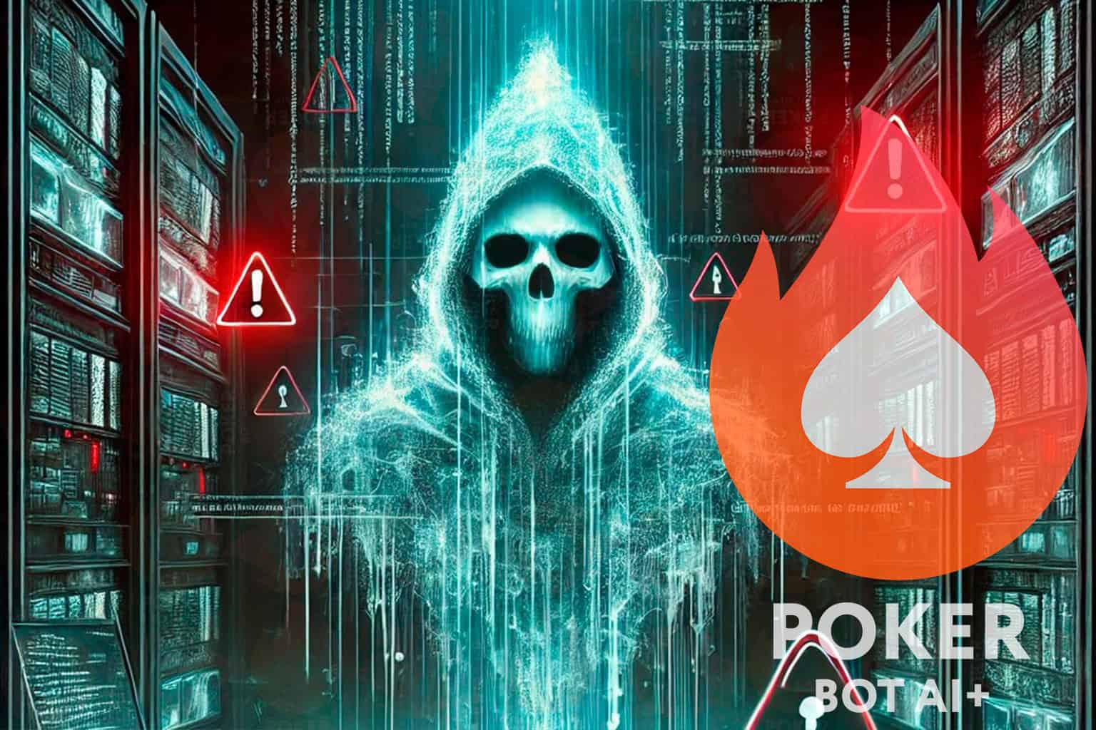 A ghostly hooded figure in a server rack setting with warning signs and the Poker Bot AI+ logo, representing the Stealth Tactics of Russian AI Poker Bots.
