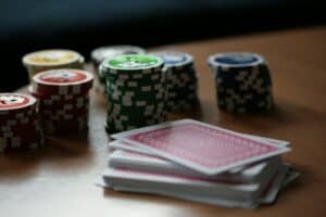 Closeup of poker chips and cards illustrating the trusted AI poker bot environment