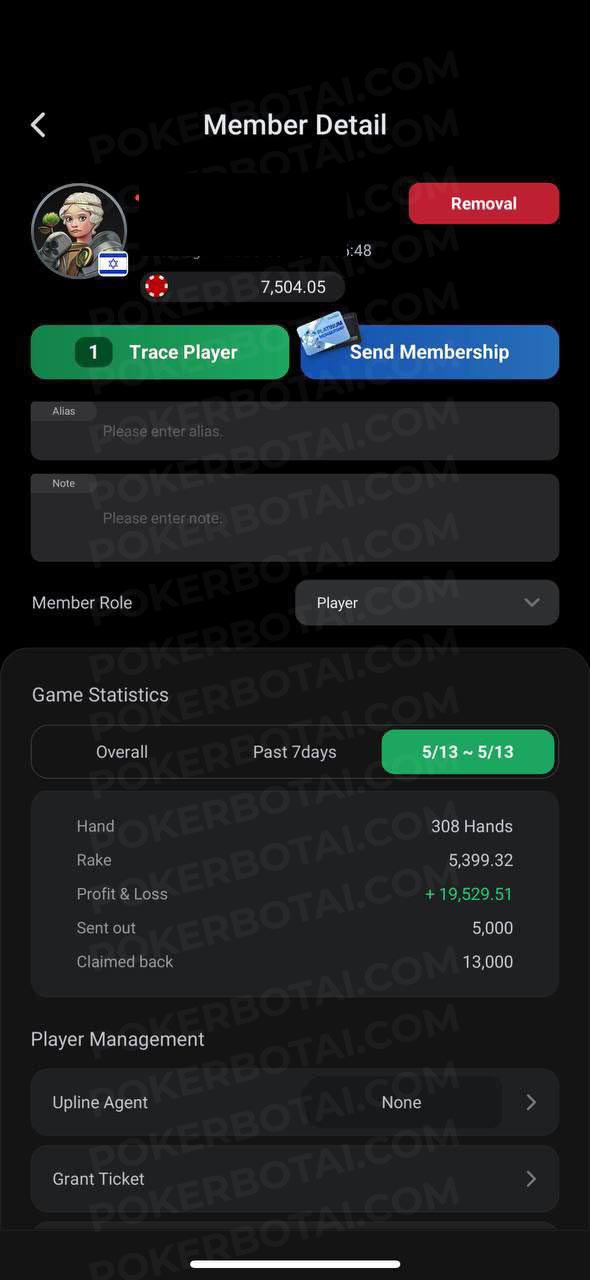 Detalle de miembro de ClubGG mostrando +19,529 de ganancia en 308 manos en un solo día