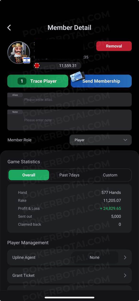 Detalle de miembro de ClubGG mostrando +24,829 de ganancia en 577 manos con indicador de bandera de Israel