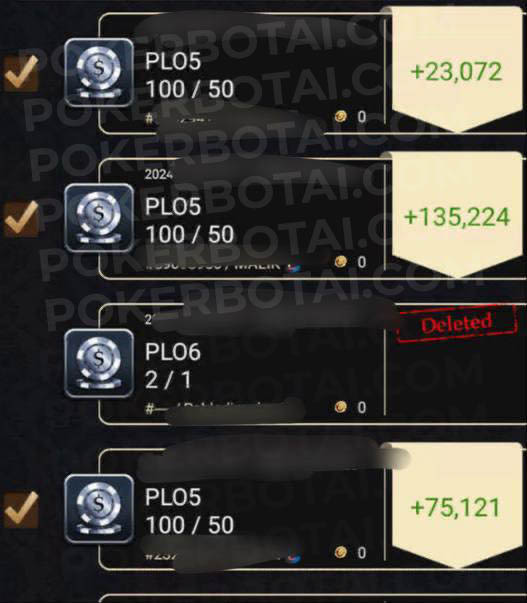 Historial de sesiones de PokerBros mostrando tres sesiones PLO5 100/50 con ganancias de +23,072, +135,224 y +75,121