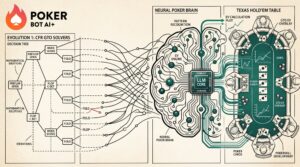 Architectural sketch showing the evolution from CFR mathematical solvers to hybrid LLM poker bots analyzing Texas Hold'em tables in 2026 — pokerbotai.com