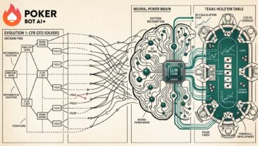 Architectural sketch showing the evolution from CFR mathematical solvers to hybrid LLM poker bots analyzing Texas Hold'em tables in 2026 — pokerbotai.com