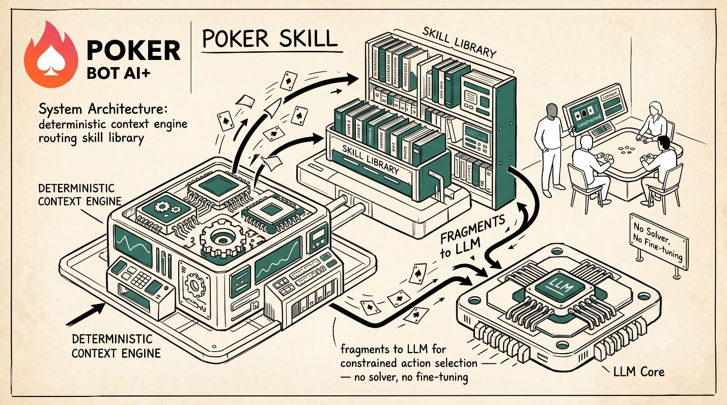 PokerSkill system architecture: deterministic context engine routing skill library fragments to an LLM for constrained action selection — no solver, no fine-tuning