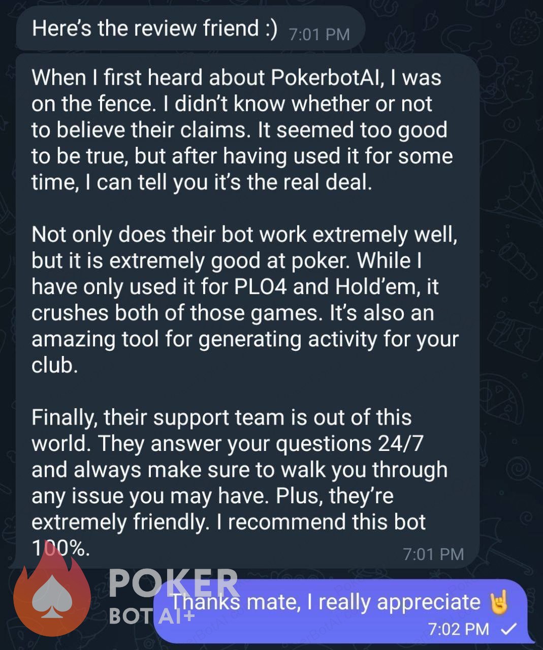 No-Limit Hold’em bot — anonymized customer screenshot